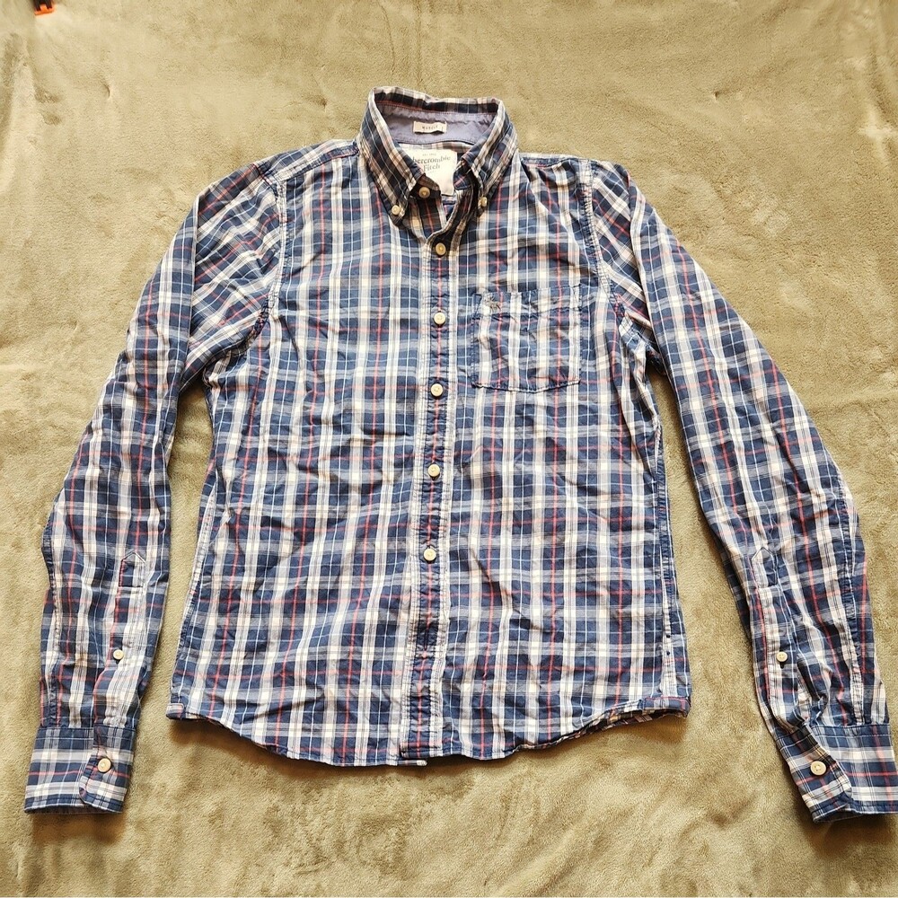 Abercrombie & Fitch Mens Size Med  Button Down Long Sleeve Shirt Blue Plaid GUC
